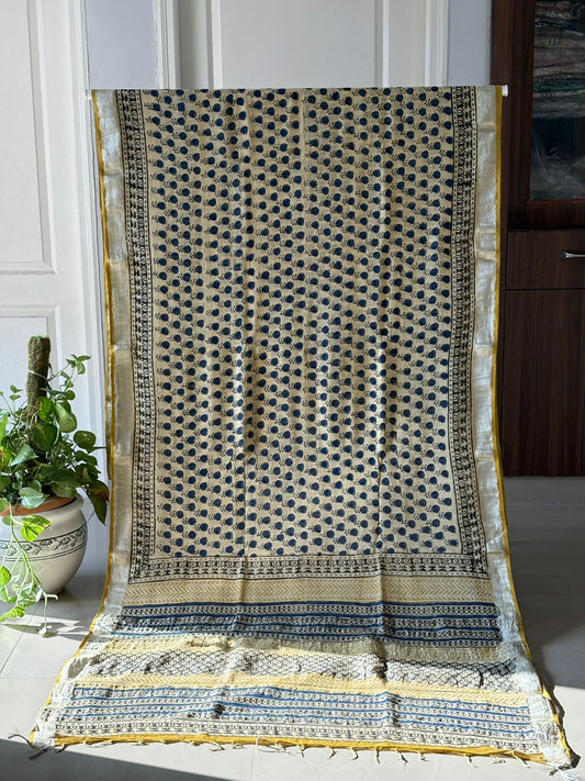 Block printed Cotton Linen Saree With unstitched Blouse