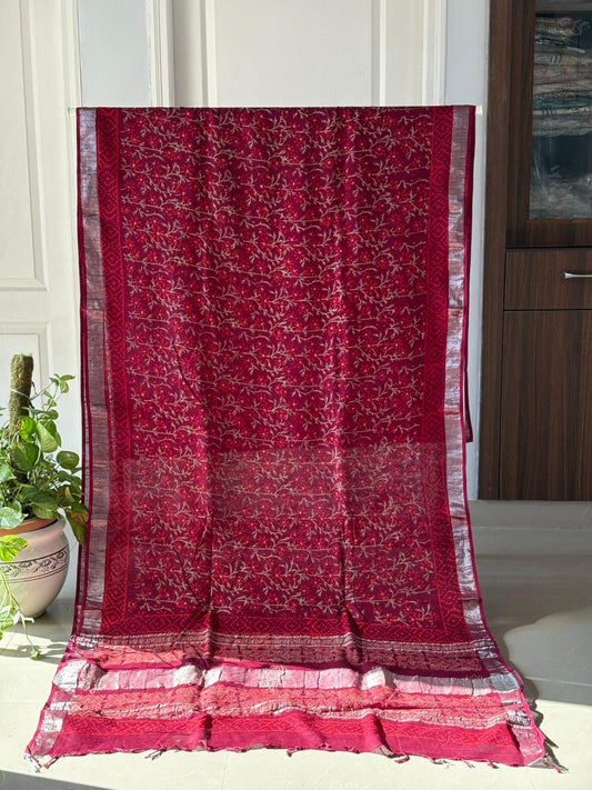 Block printed Cotton Linen Saree With unstitched Blouse