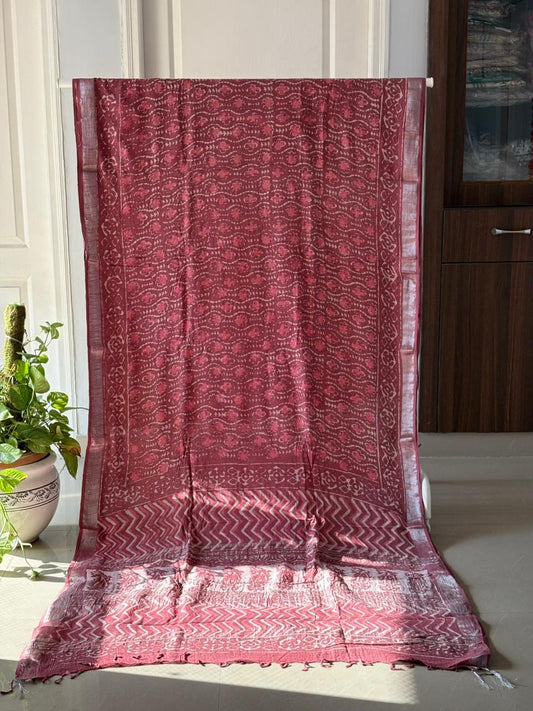 Block printed Cotton Linen Saree With unstitched Blouse