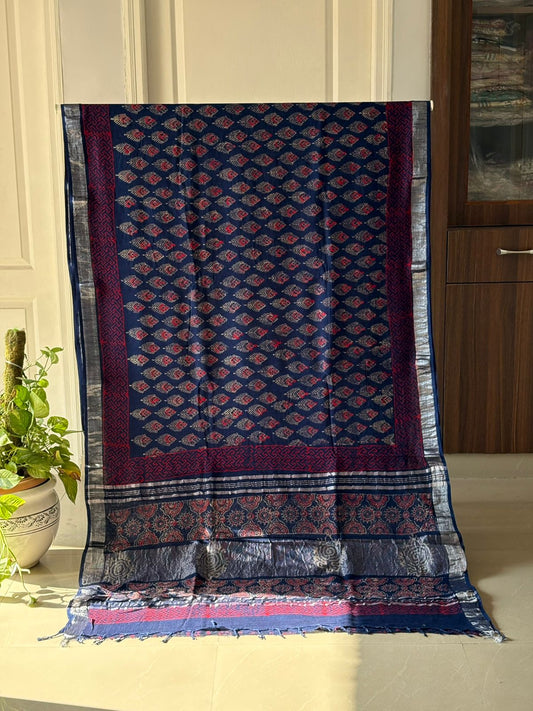 Block printed Cotton Linen Saree With unstitched Blouse