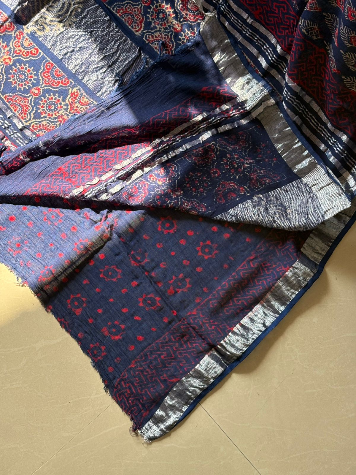 Block printed Cotton Linen Saree With unstitched Blouse