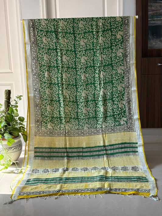 Block printed Cotton Linen Saree With unstitched Blouse