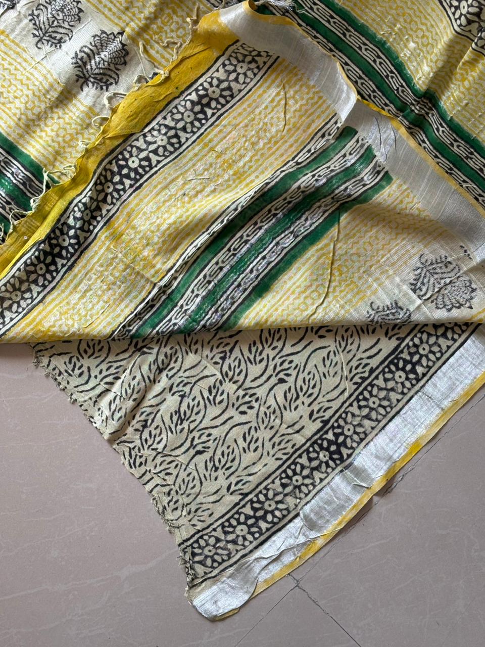 Block printed Cotton Linen Saree With unstitched Blouse
