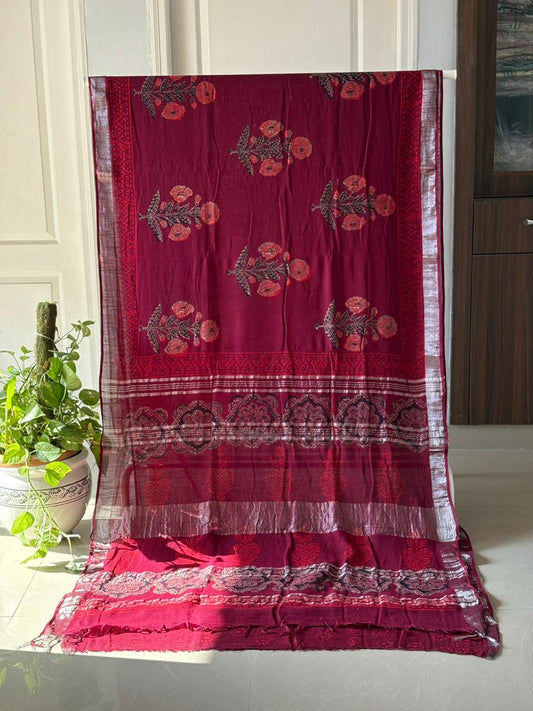 Block printed Cotton Linen Saree With unstitched Blouse