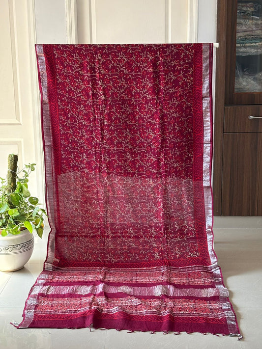 Block printed Cotton Linen Saree With unstitched Blouse