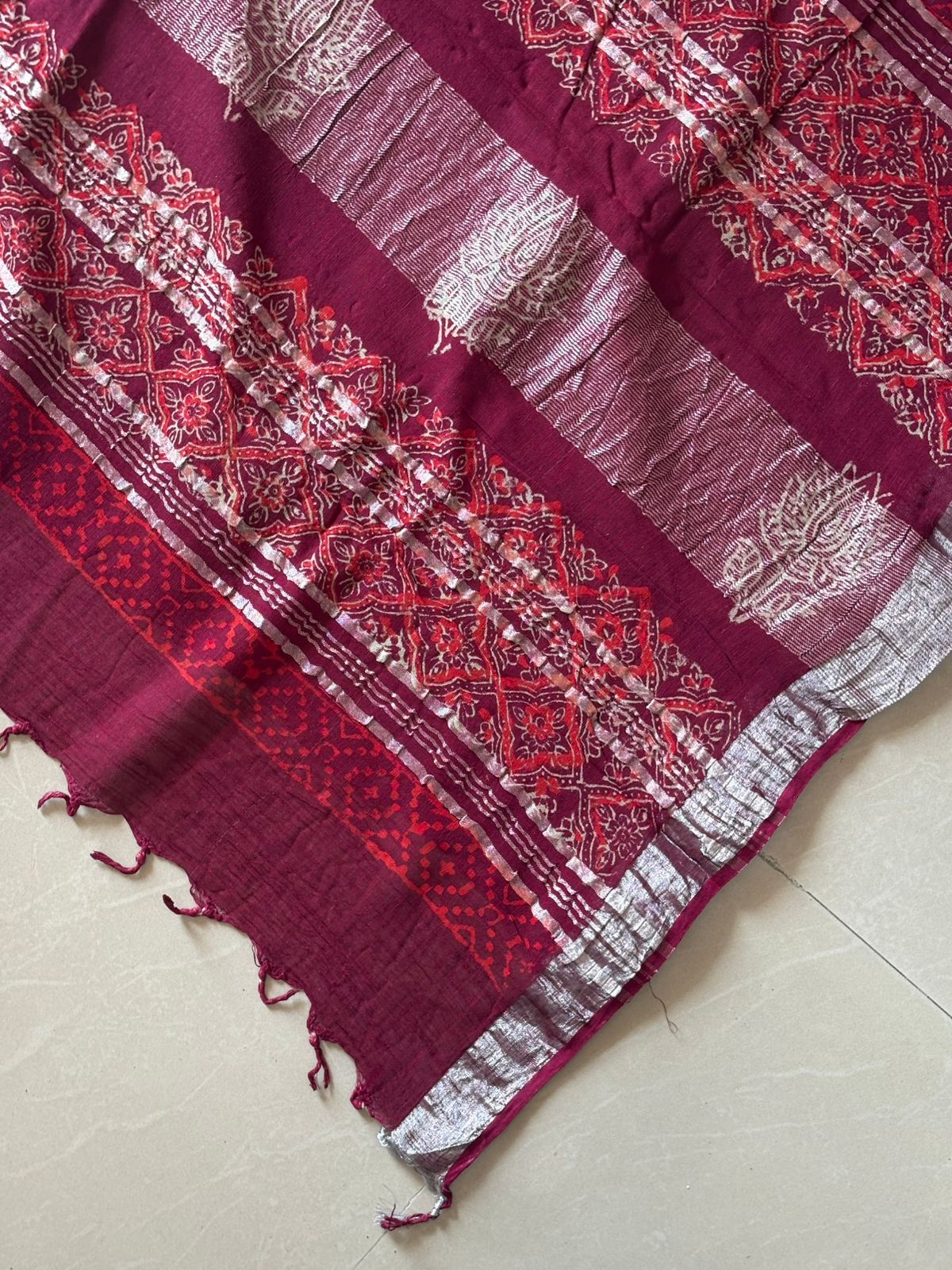 Block printed Cotton Linen Saree With unstitched Blouse