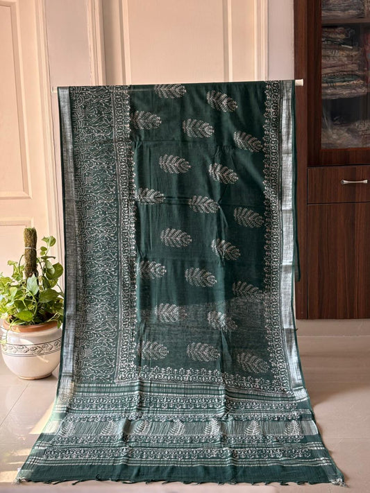 Block printed Cotton Linen Saree With unstitched Blouse