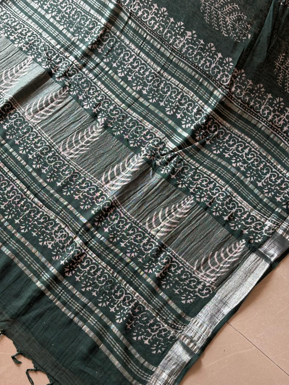 Block printed Cotton Linen Saree With unstitched Blouse