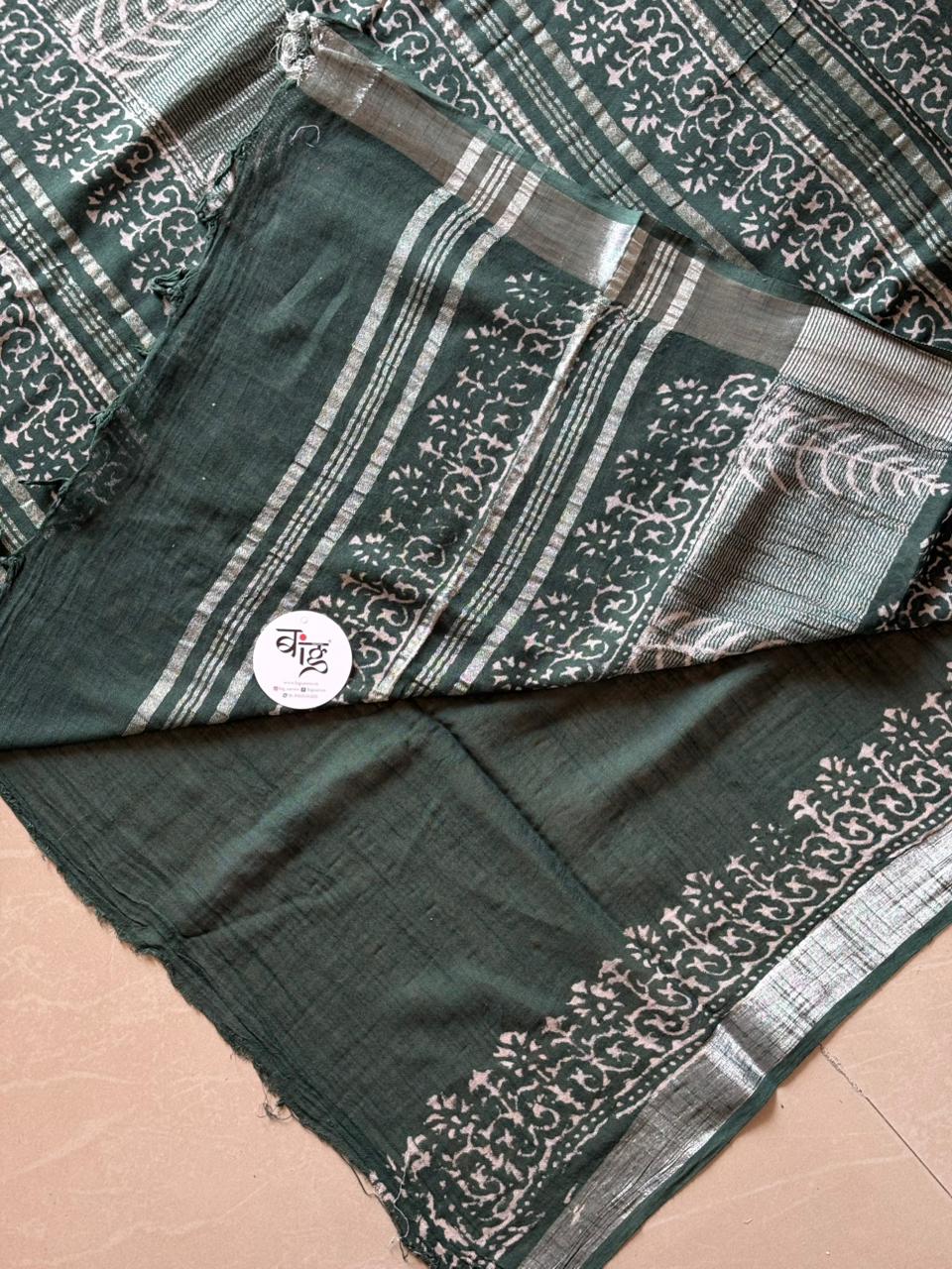 Block printed Cotton Linen Saree With unstitched Blouse