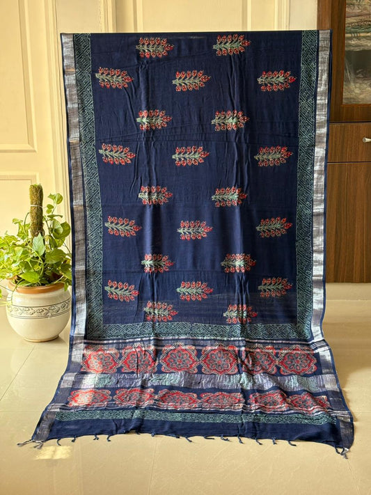 Block printed Cotton Linen Saree With unstitched Blouse