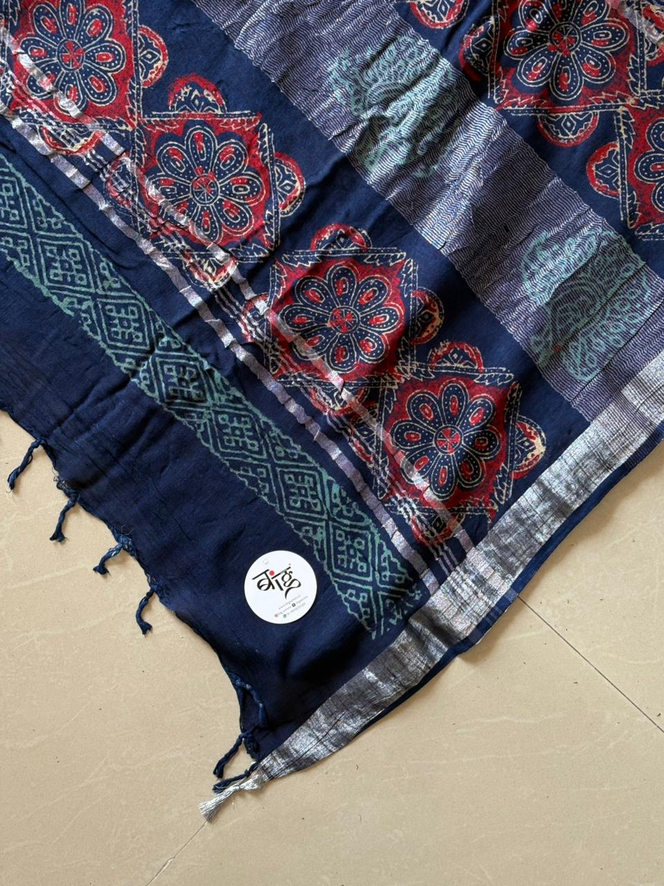 Block printed Cotton Linen Saree With unstitched Blouse
