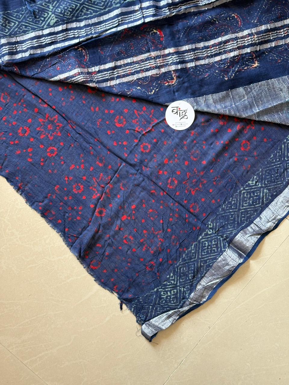 Block printed Cotton Linen Saree With unstitched Blouse