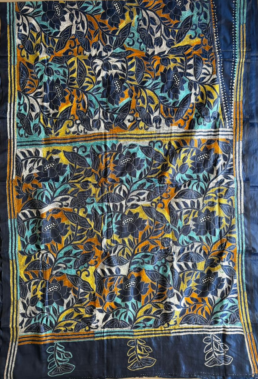 Kantha Hand Embroidered Blended Banglore Silk/Art Silk Saree With Blouse