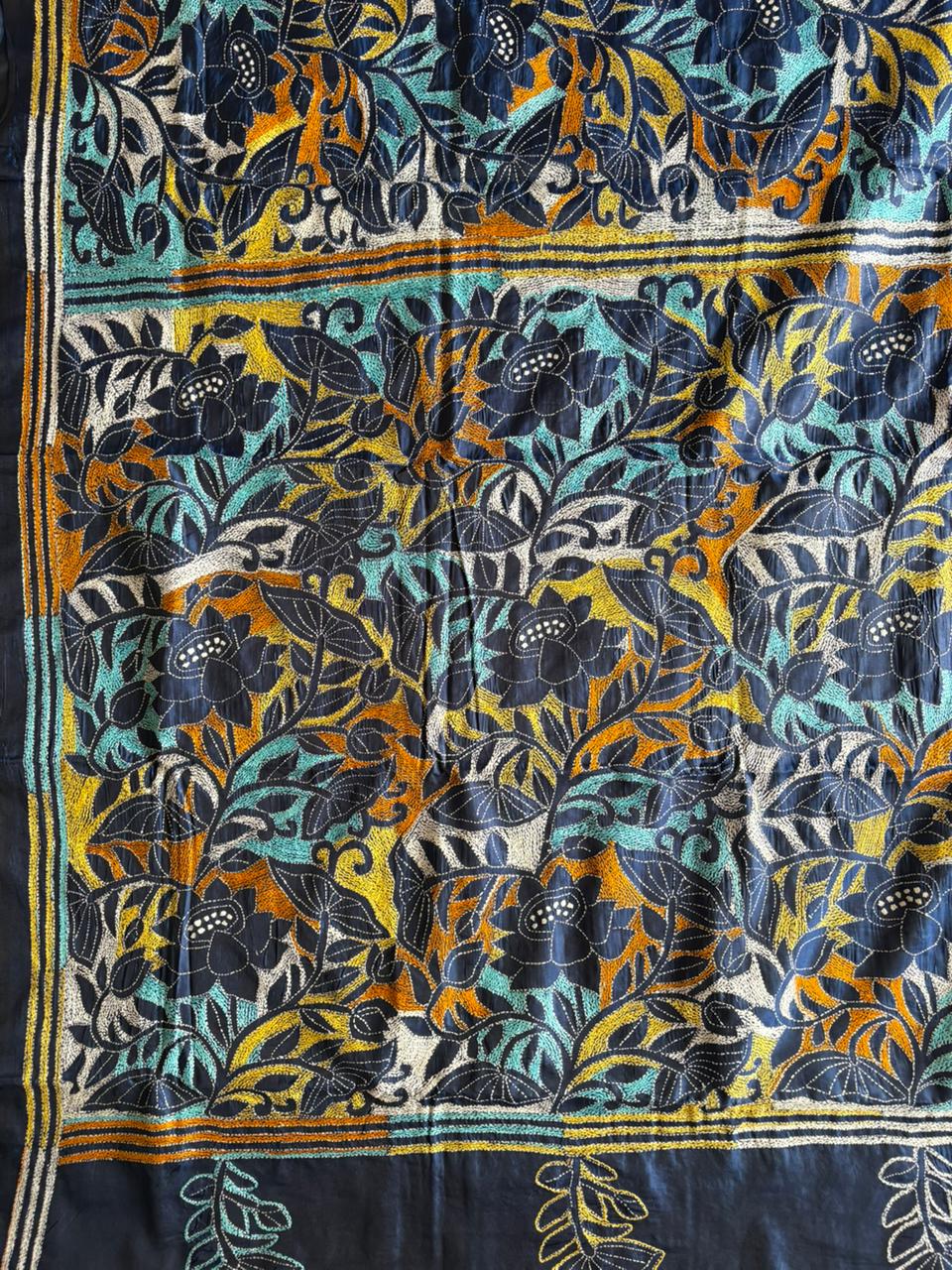 Kantha Hand Embroidered Blended Banglore Silk/Art Silk Saree With Blouse