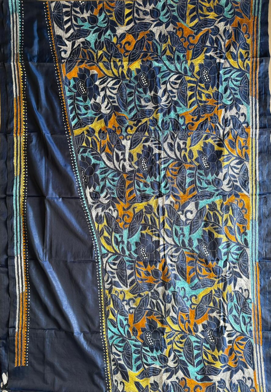 Kantha Hand Embroidered Blended Banglore Silk/Art Silk Saree With Blouse