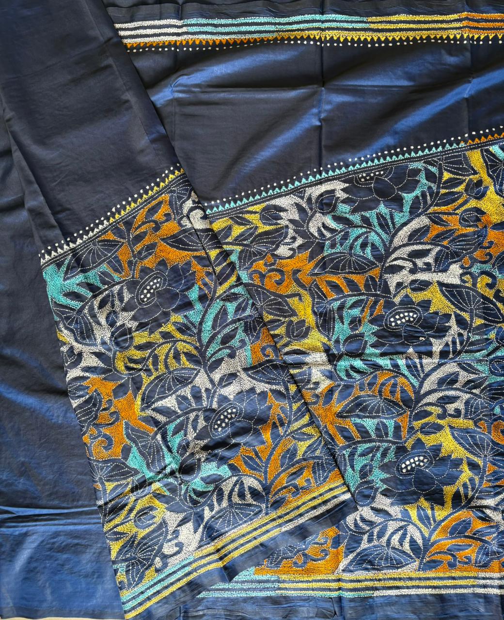 Kantha Hand Embroidered Blended Banglore Silk/Art Silk Saree With Blouse