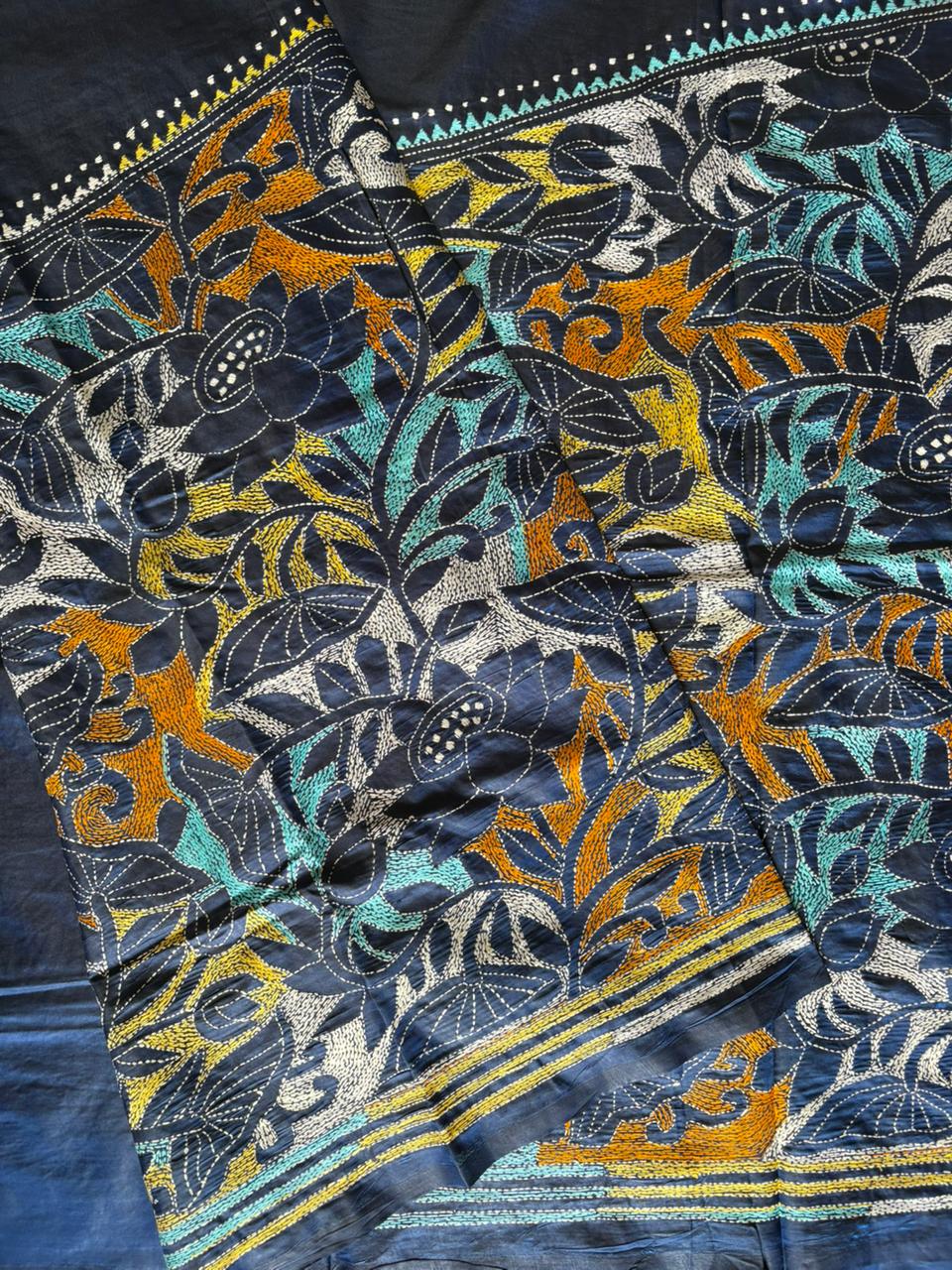 Kantha Hand Embroidered Blended Banglore Silk/Art Silk Saree With Blouse