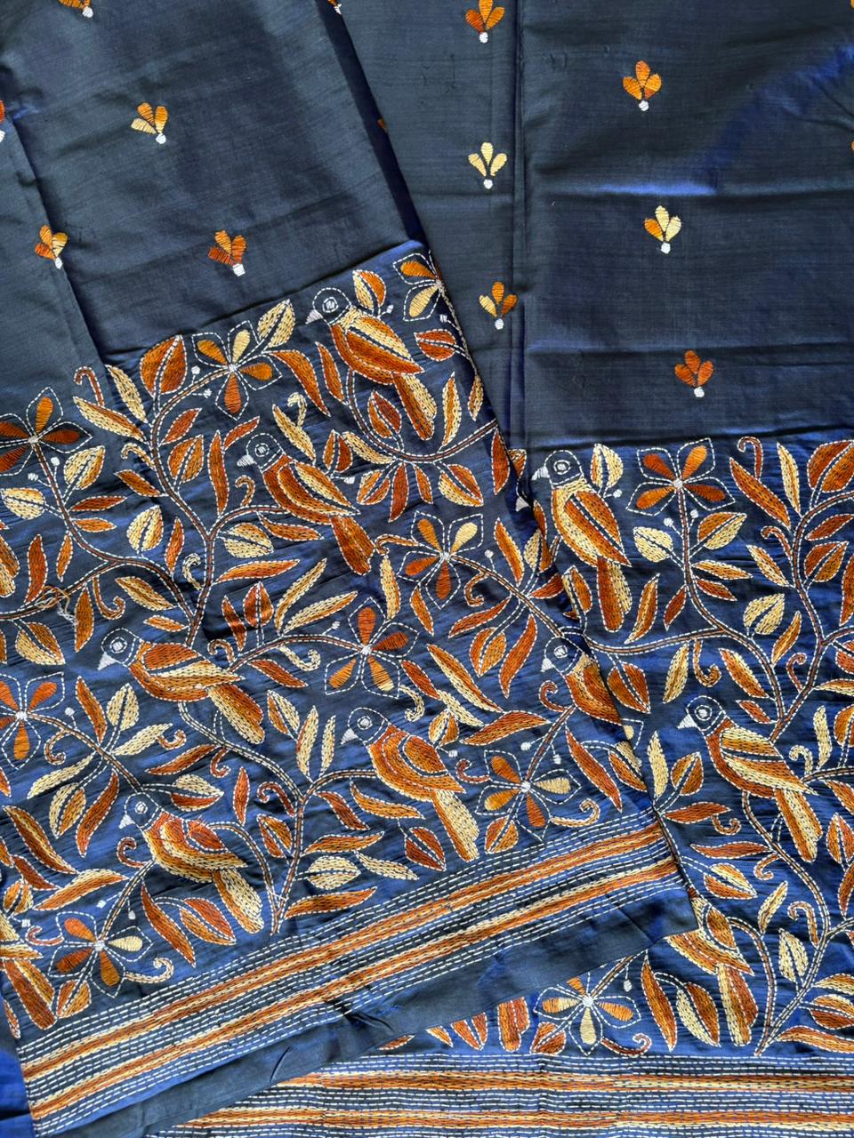 Kantha Hand Embroidered Blended Banglore Silk/Art Silk Saree With Blouse