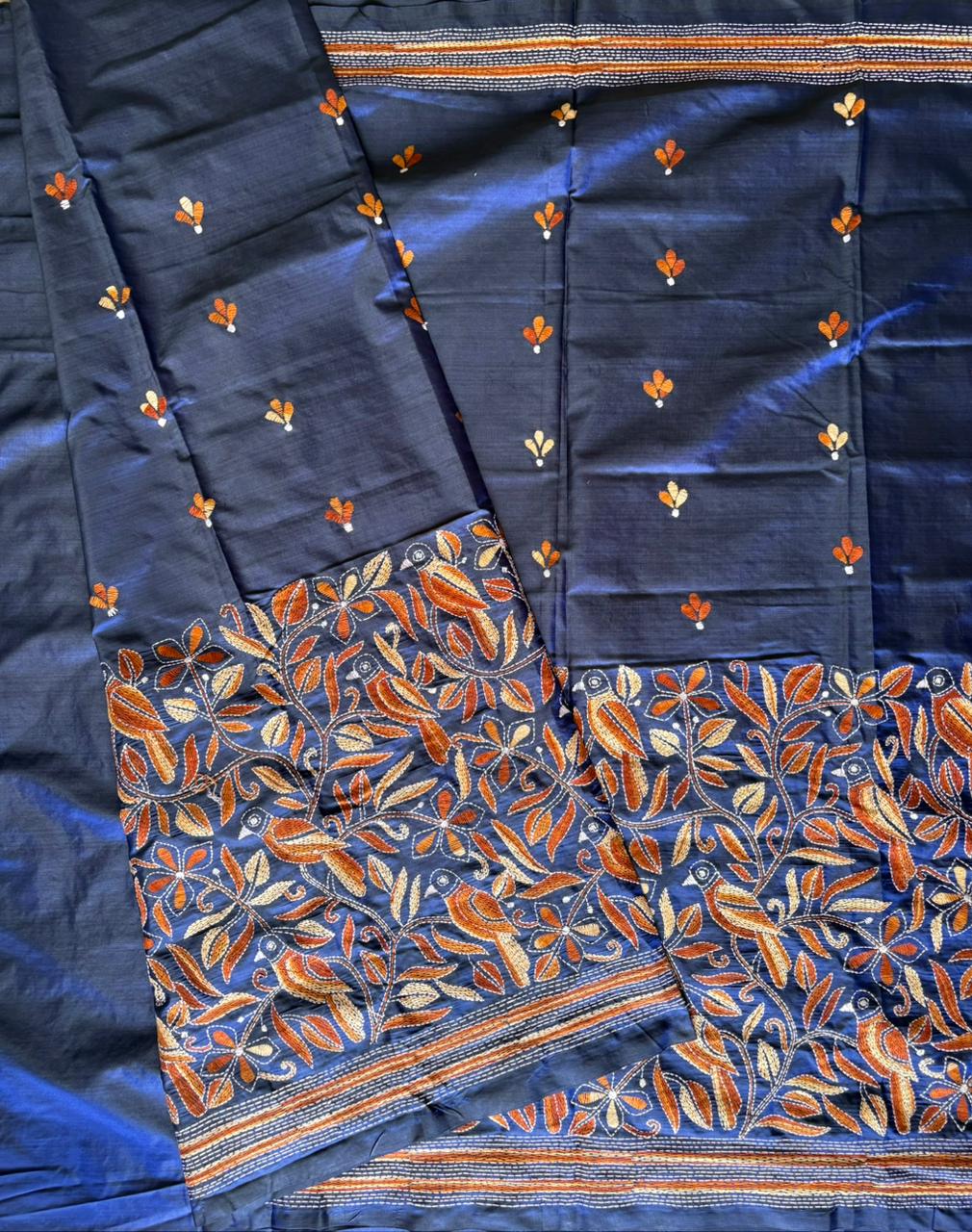 Kantha Hand Embroidered Blended Banglore Silk/Art Silk Saree With Blouse