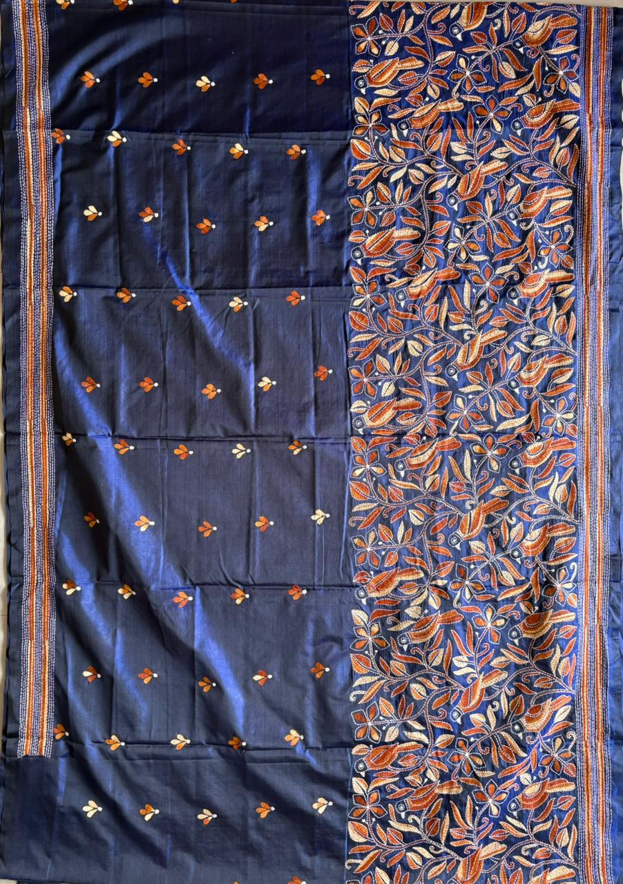 Kantha Hand Embroidered Blended Banglore Silk/Art Silk Saree With Blouse