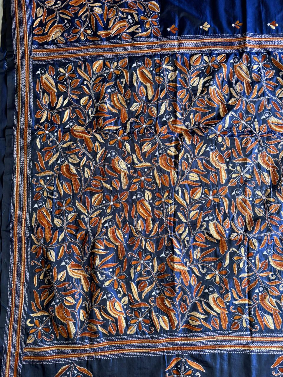 Kantha Hand Embroidered Blended Banglore Silk/Art Silk Saree With Blouse