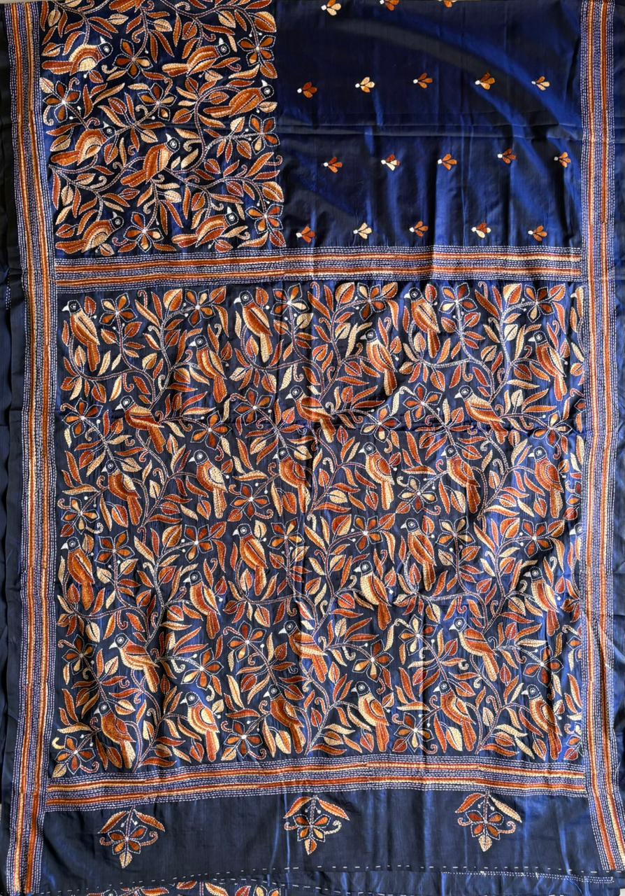 Kantha Hand Embroidered Blended Banglore Silk/Art Silk Saree With Blouse