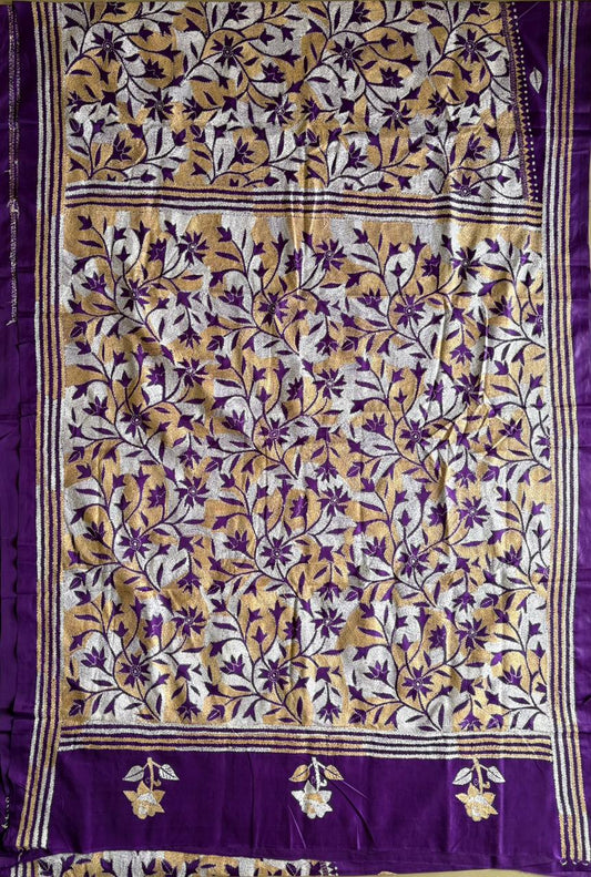 Reverse Kantha Stitch Hand Embroidered Art Silk Saree With Blouse