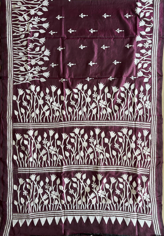 Kantha Hand Embroidered Blended Banglore Silk/Art Silk Saree With Blouse
