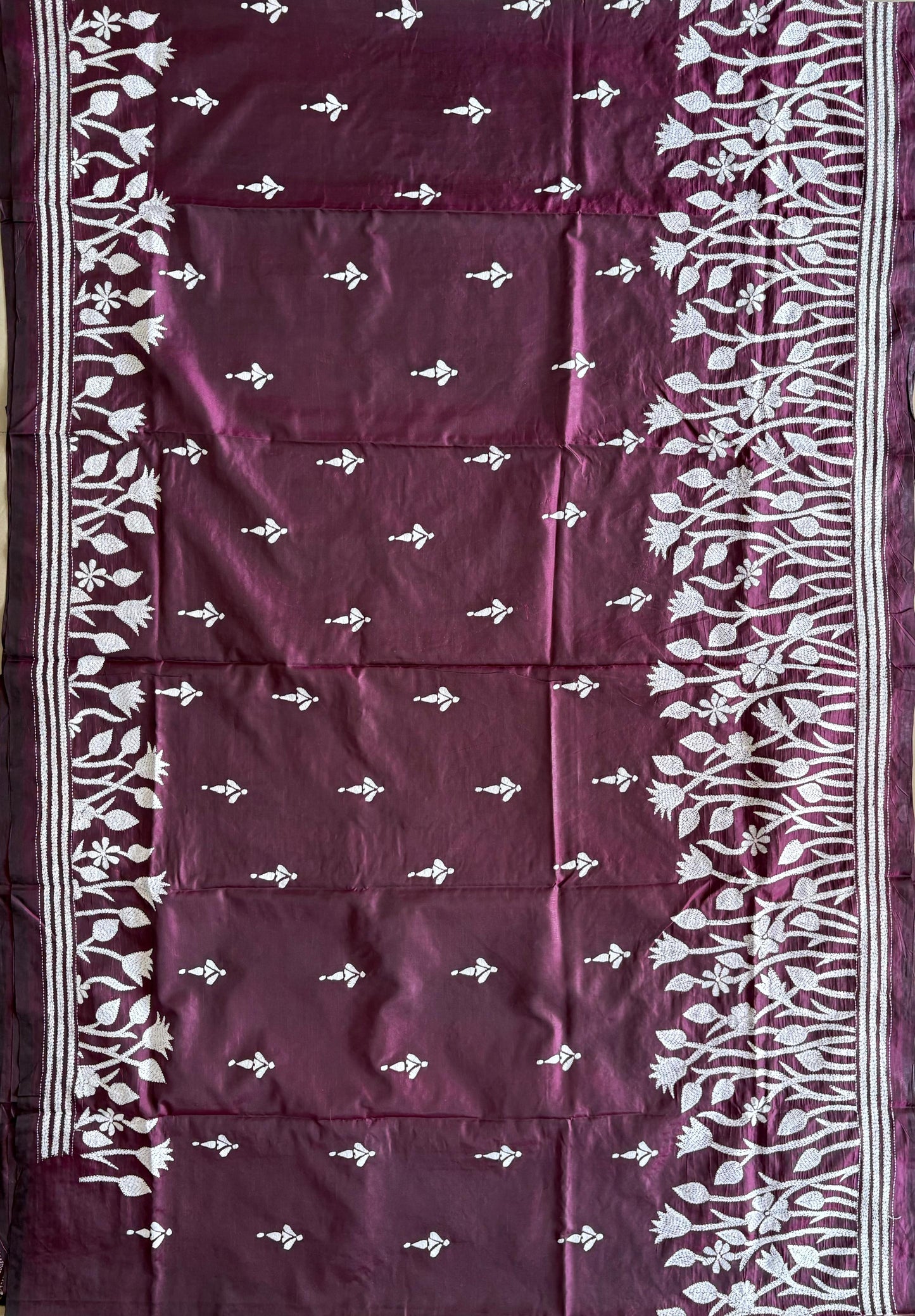 Kantha Hand Embroidered Blended Banglore Silk/Art Silk Saree With Blouse