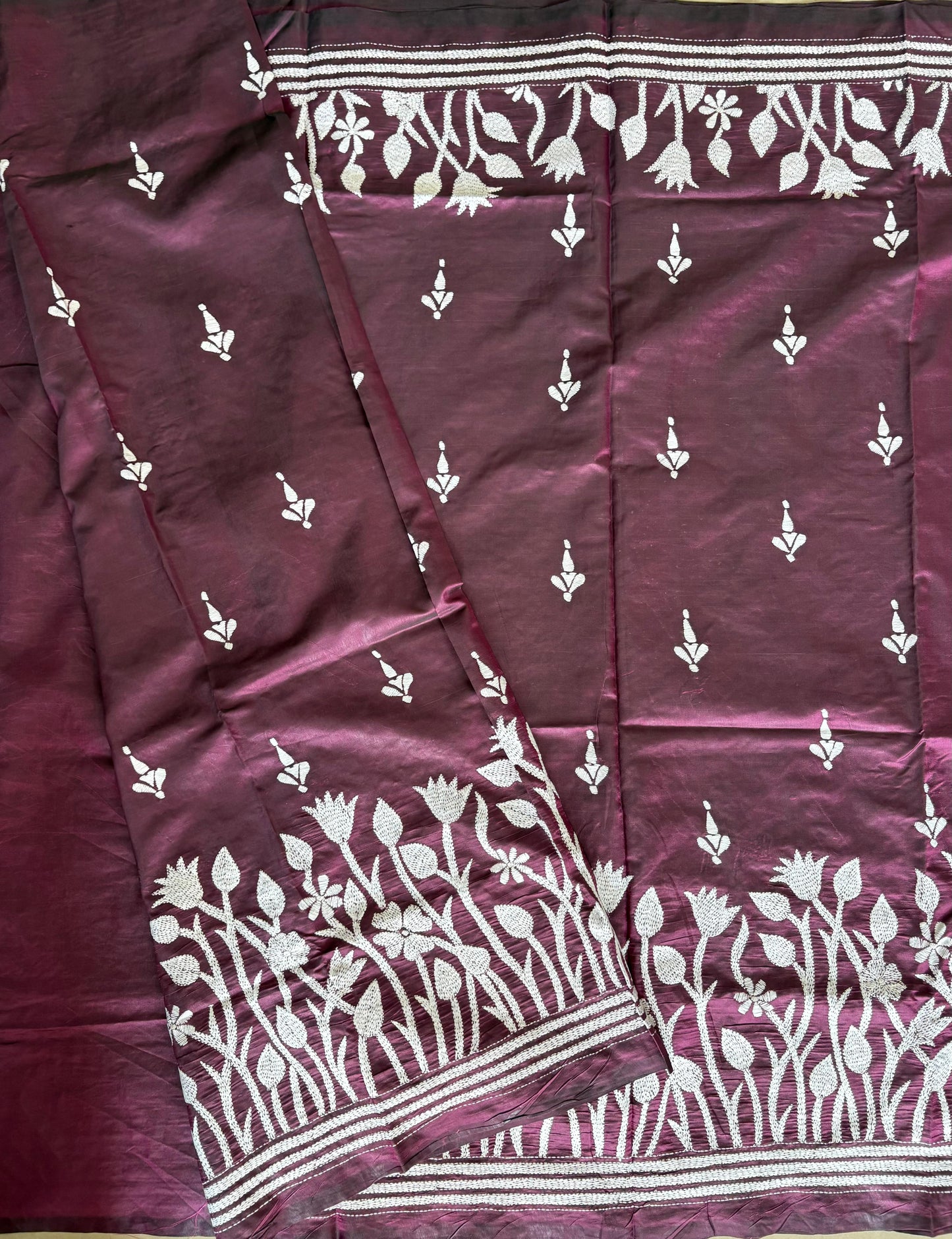Kantha Hand Embroidered Blended Banglore Silk/Art Silk Saree With Blouse