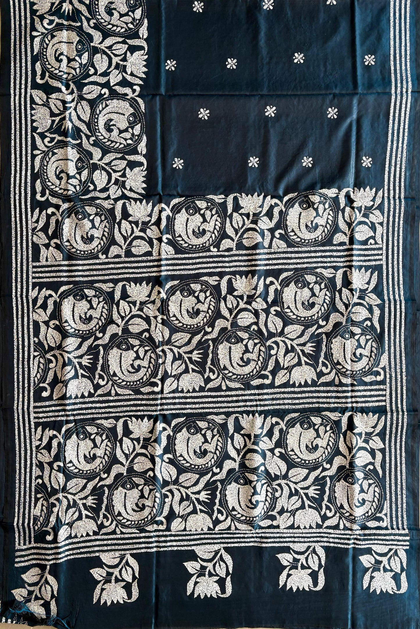 Kantha Hand Embroidered Blended Banglore Silk/Art Silk Saree With Blouse