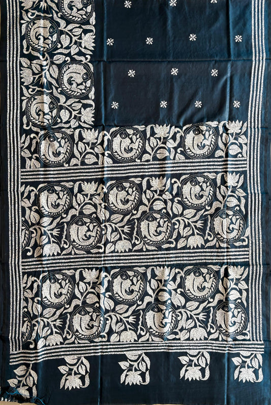 Kantha Hand Embroidered Blended Banglore Silk/Art Silk Saree With Blouse