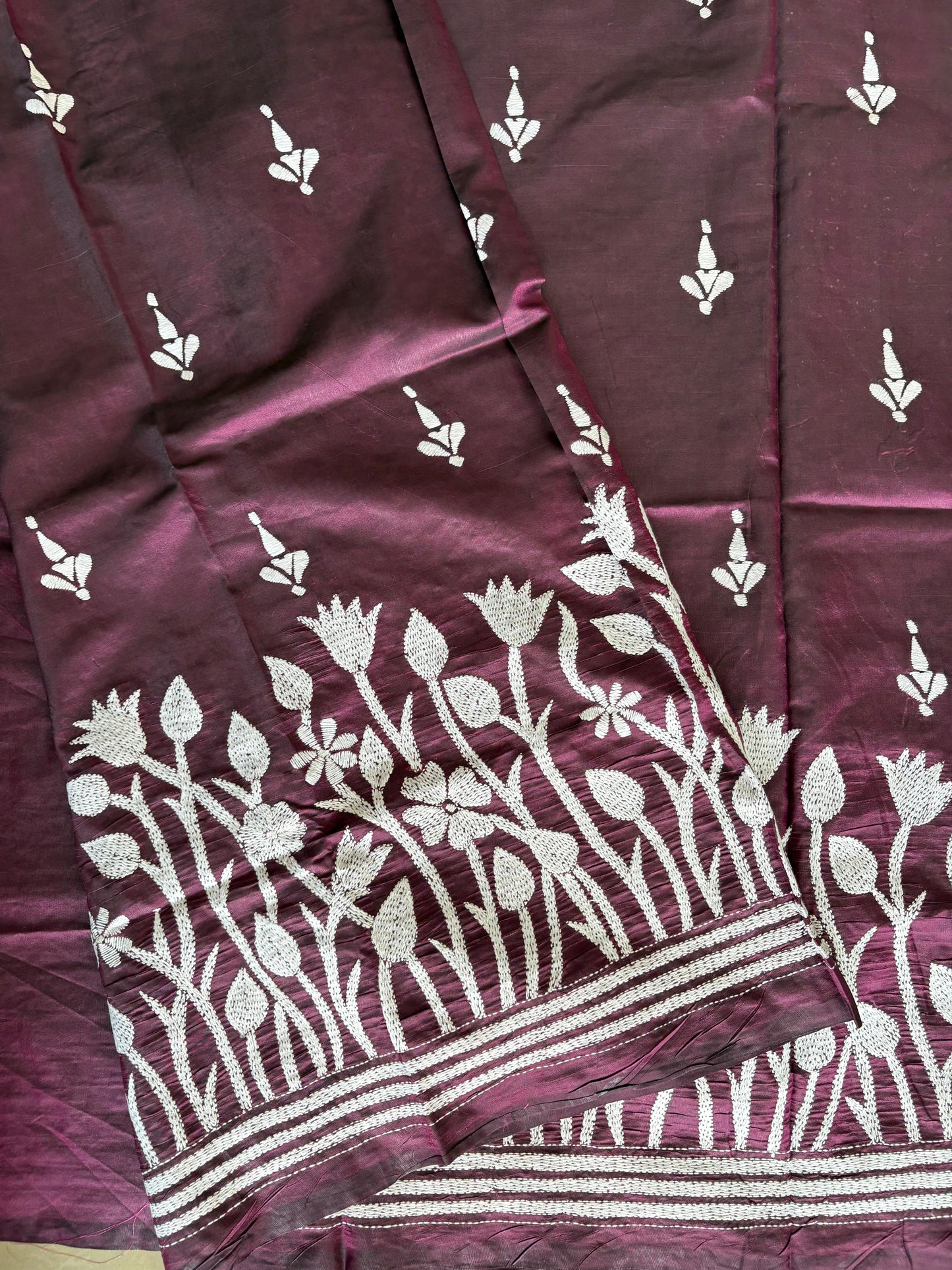 Kantha Hand Embroidered Blended Banglore Silk/Art Silk Saree With Blouse