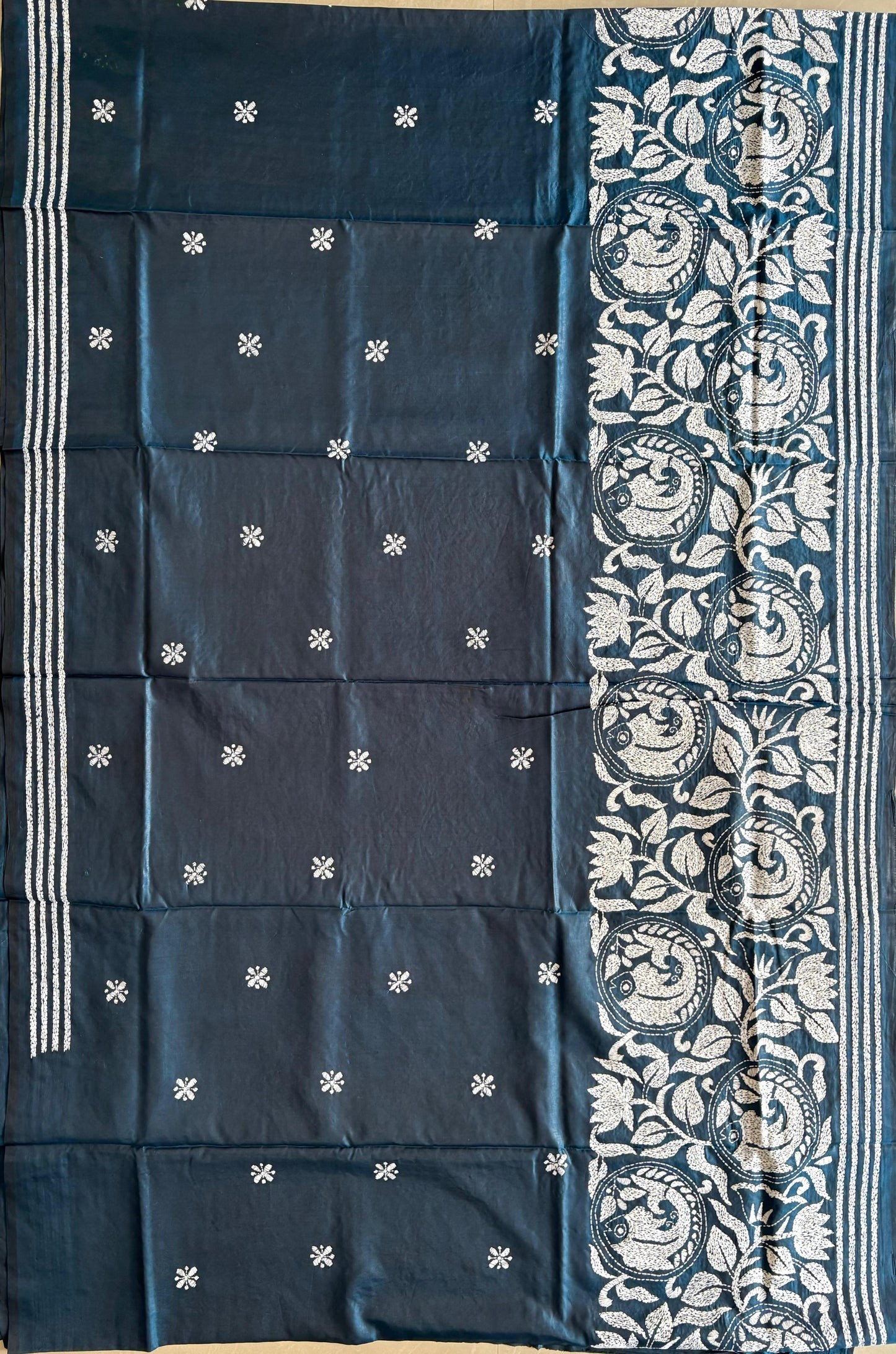 Kantha Hand Embroidered Blended Banglore Silk/Art Silk Saree With Blouse