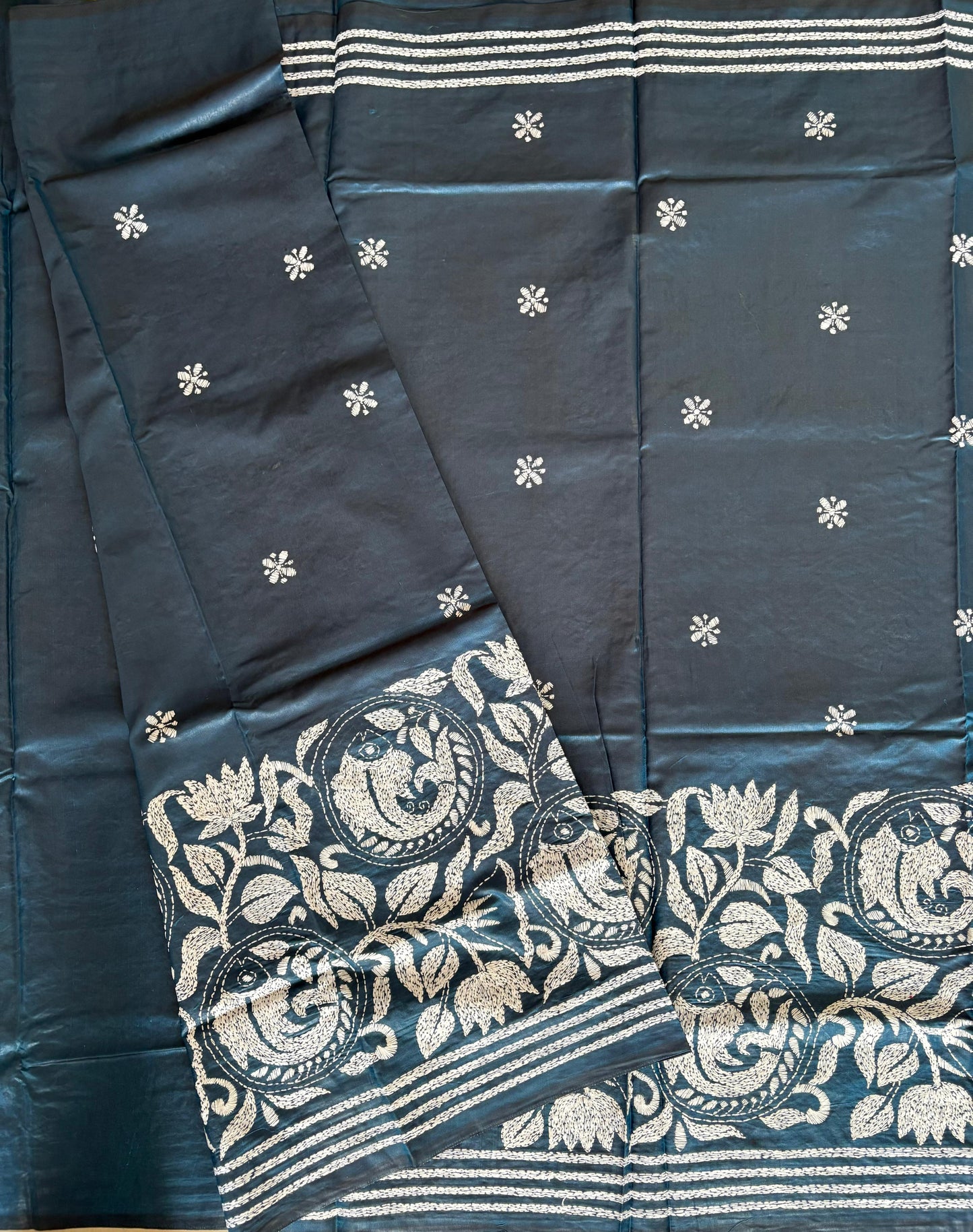 Kantha Hand Embroidered Blended Banglore Silk/Art Silk Saree With Blouse