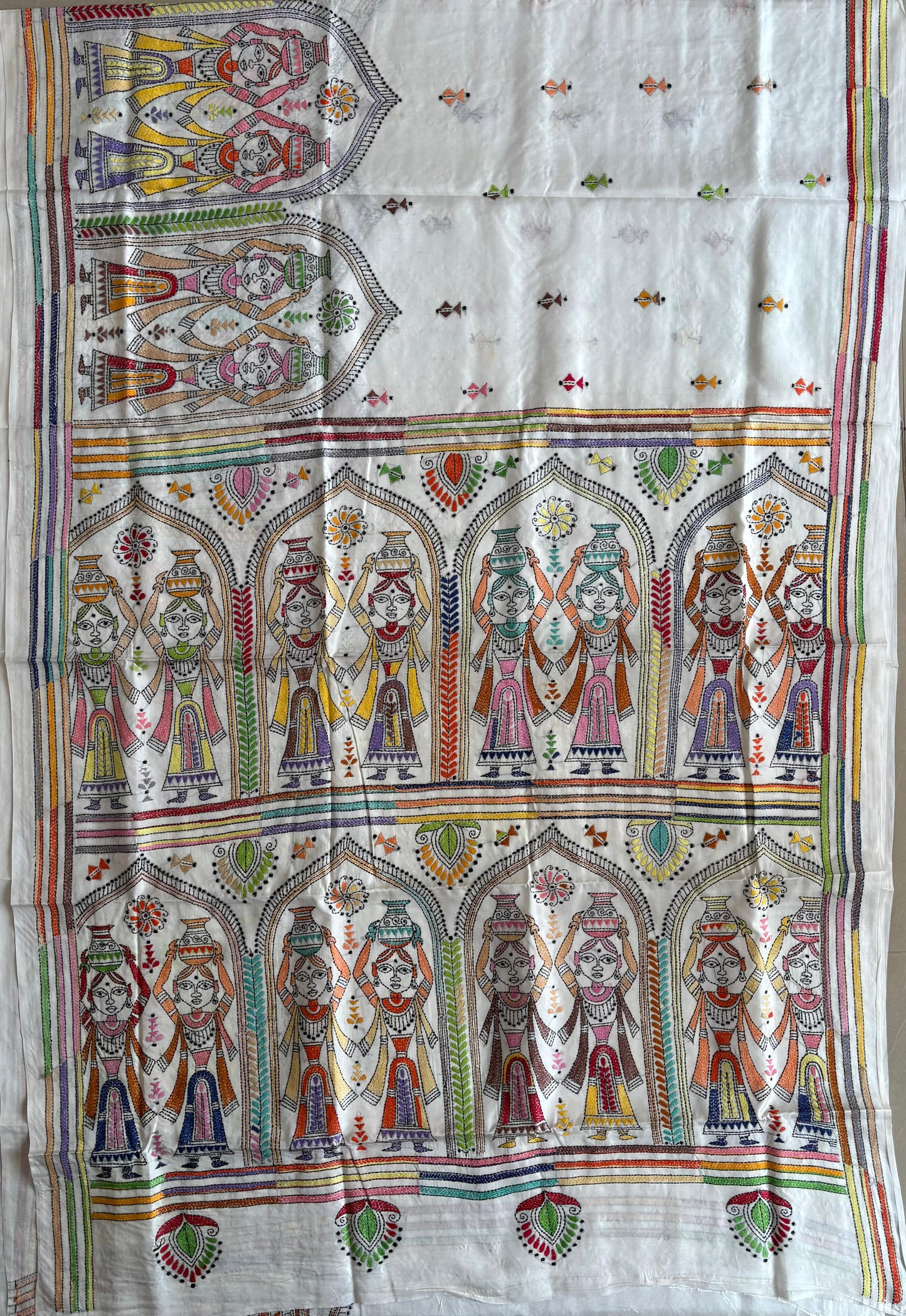 Kantha Hand Embroidered Blended Banglore Silk/Art Silk Saree With Blouse