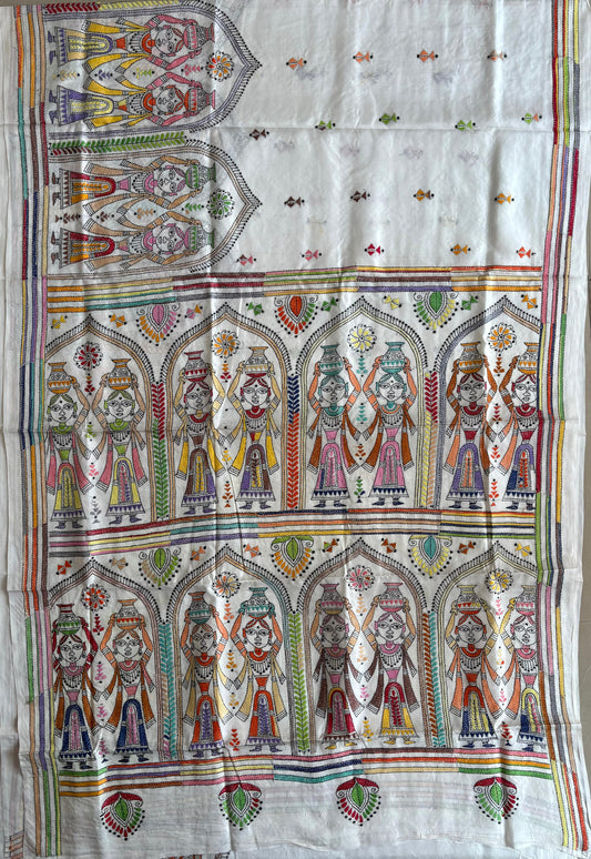 Kantha Hand Embroidered Blended Banglore Silk/Art Silk Saree With Blouse