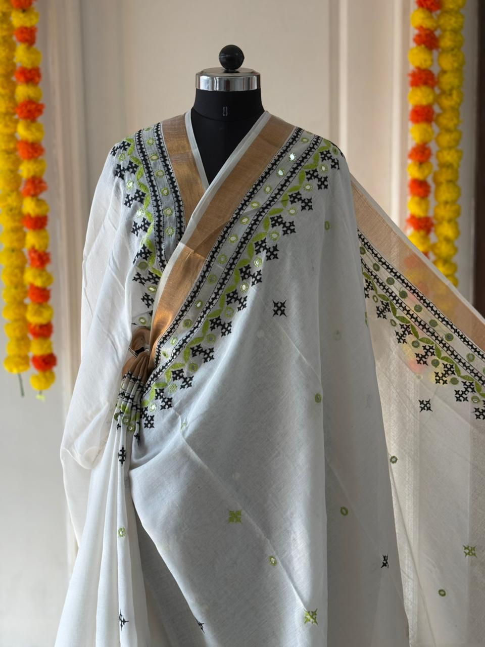 Gujrati Stitch/Kutch Hand Embroidered South Cotton Saree