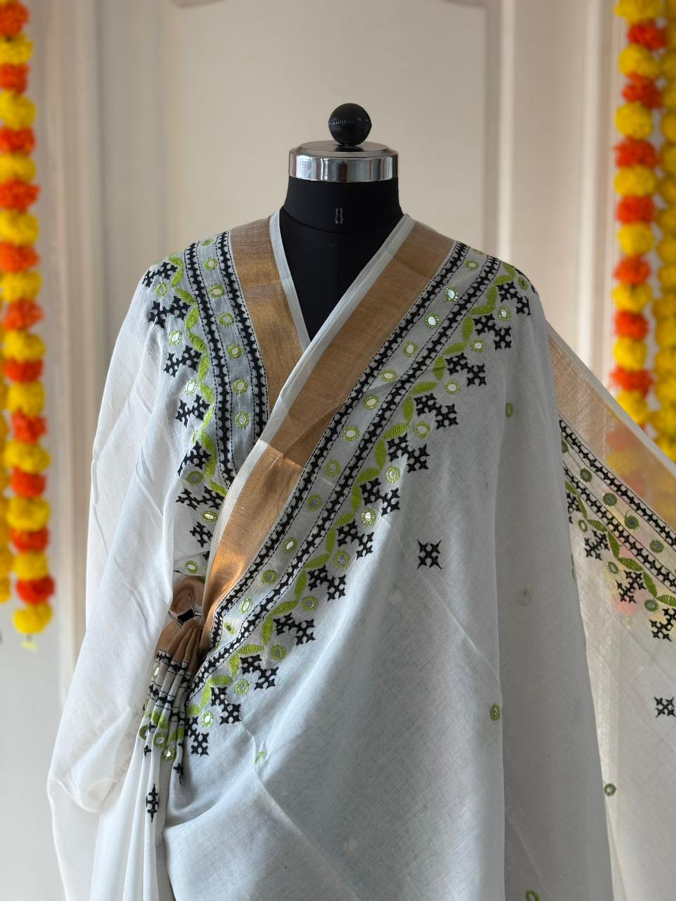 Gujrati Stitch/Kutch Hand Embroidered South Cotton Saree