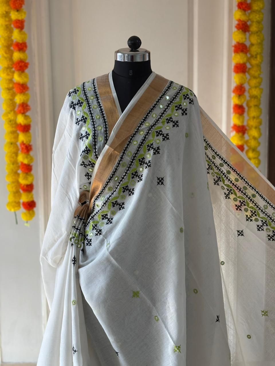 Gujrati Stitch/Kutch Hand Embroidered South Cotton Saree