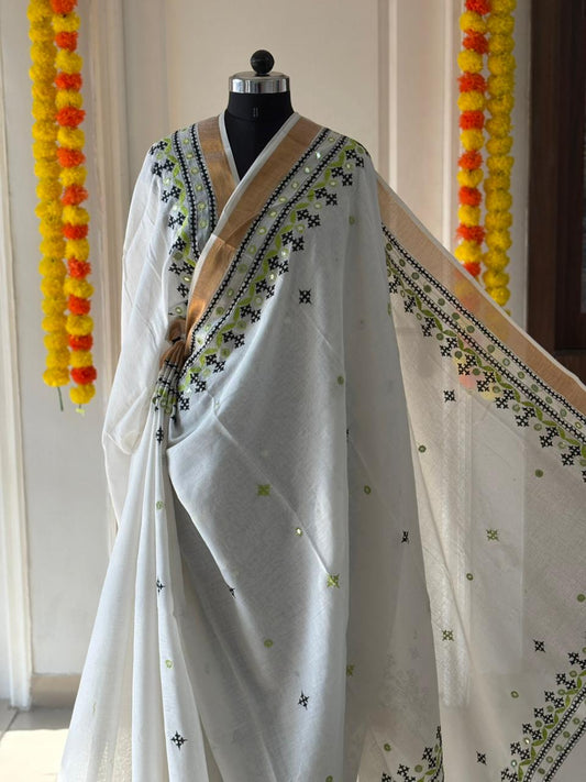 Gujrati Stitch/Kutch Hand Embroidered South Cotton Saree