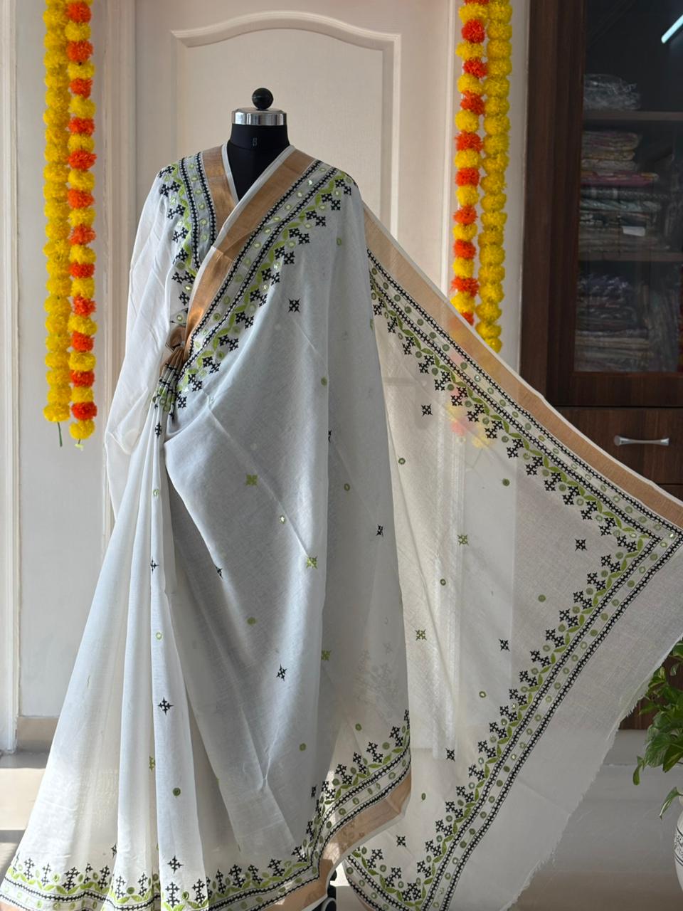 Gujrati Stitch/Kutch Hand Embroidered South Cotton Saree