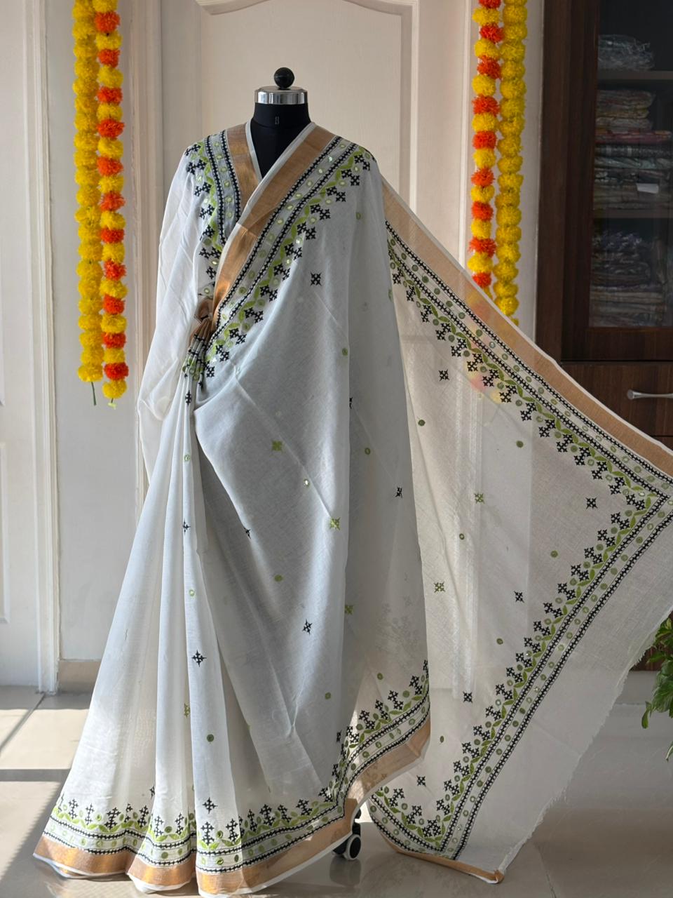 Gujrati Stitch/Kutch Hand Embroidered South Cotton Saree