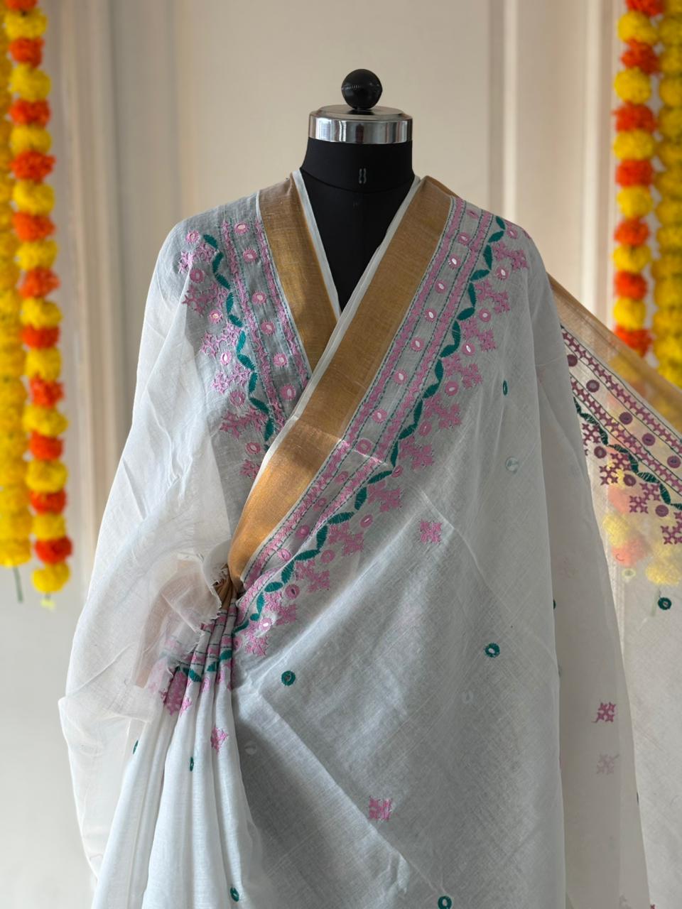 Gujrati Stitch/Kutch Hand Embroidered South Cotton Saree