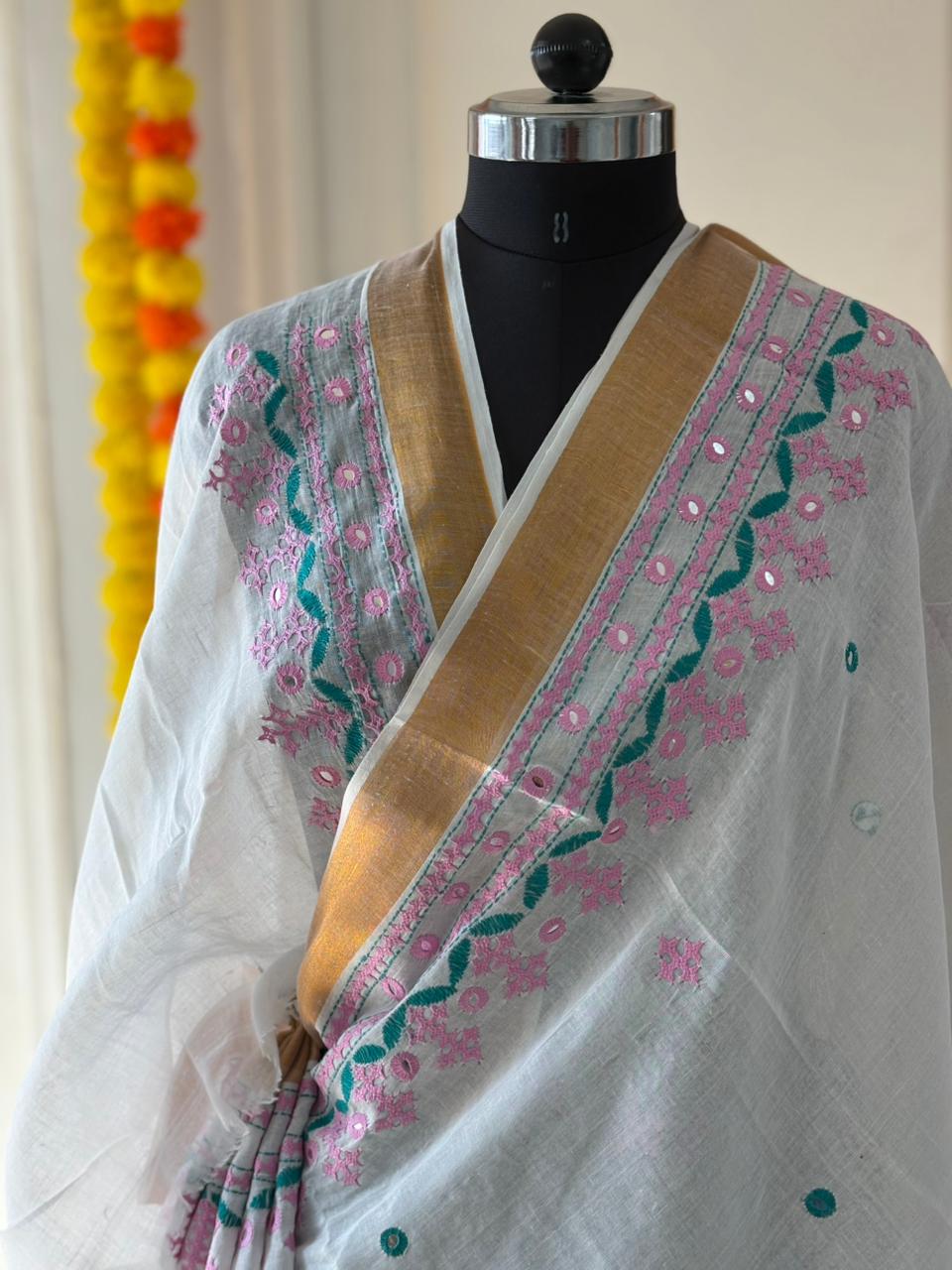 Gujrati Stitch/Kutch Hand Embroidered South Cotton Saree