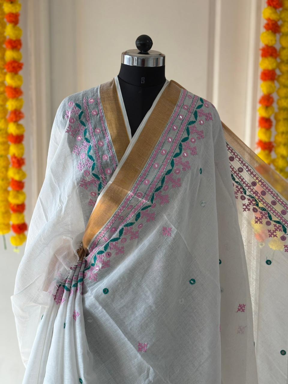 Gujrati Stitch/Kutch Hand Embroidered South Cotton Saree