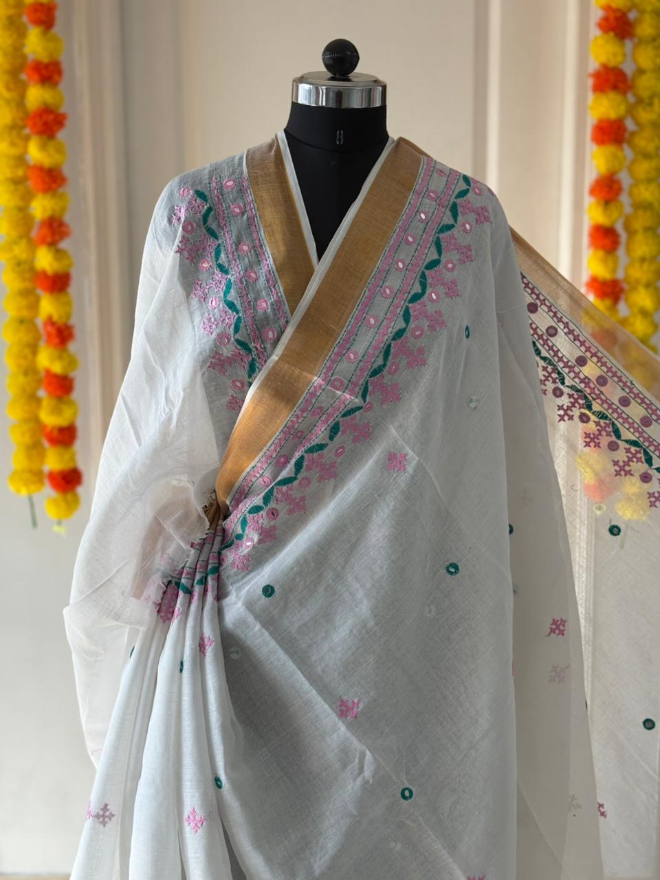 Gujrati Stitch/Kutch Hand Embroidered South Cotton Saree