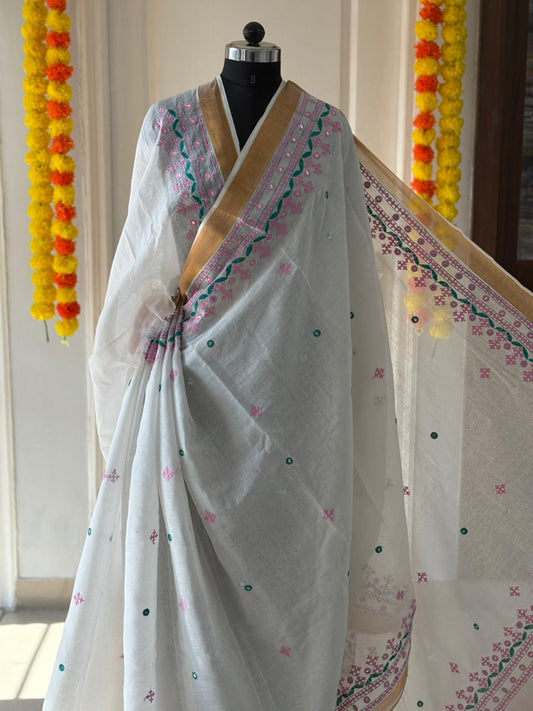 Gujrati Stitch/Kutch Hand Embroidered South Cotton Saree