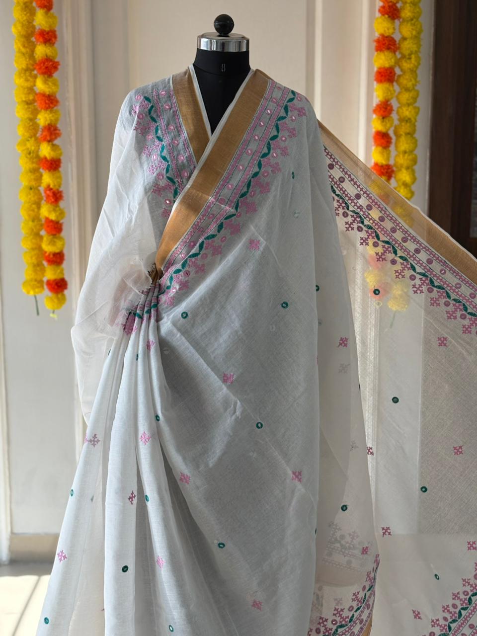 Gujrati Stitch/Kutch Hand Embroidered South Cotton Saree