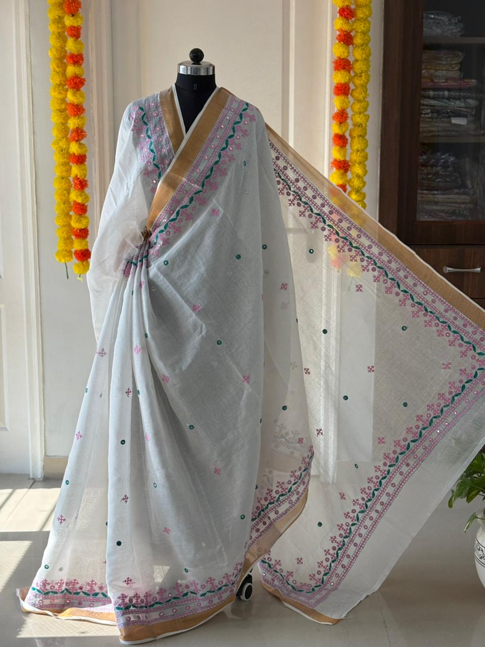 Gujrati Stitch/Kutch Hand Embroidered South Cotton Saree